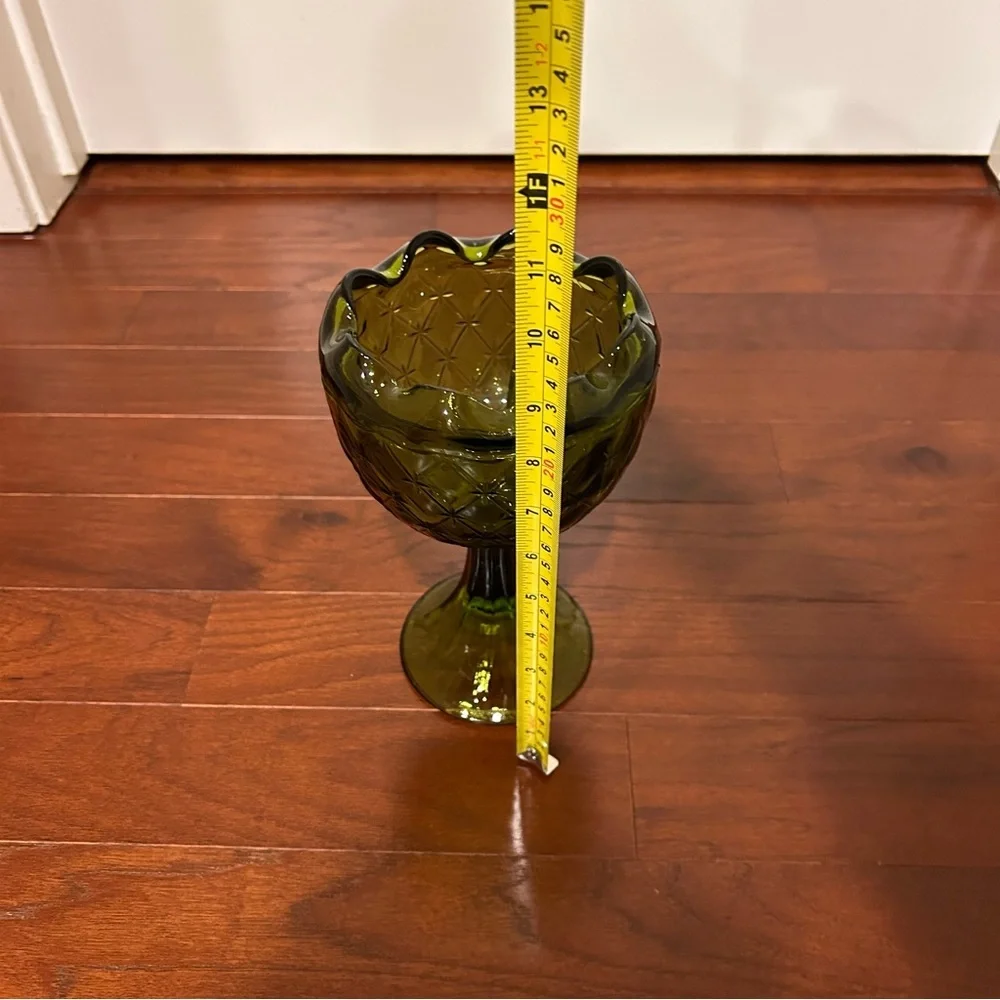 VTG Indiana Glass Avocado Green Pedestal 9